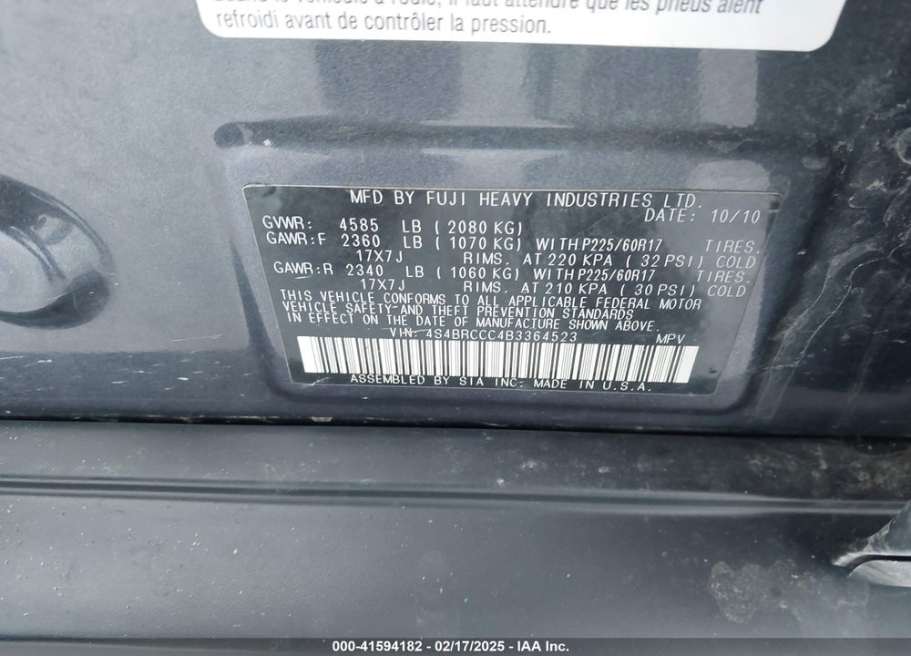 2011 SUBARU OUTBACK 2.5I PREMIUM VIN: 4S4BRCCC4B3364523