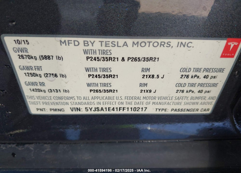 2015 TESLA MODEL S 85D/P85D VIN: 5YJSA1E41FF110217