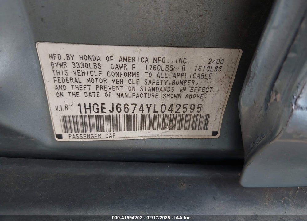 2000 HONDA CIVIC LX VIN: 1HGEJ6674YL042595