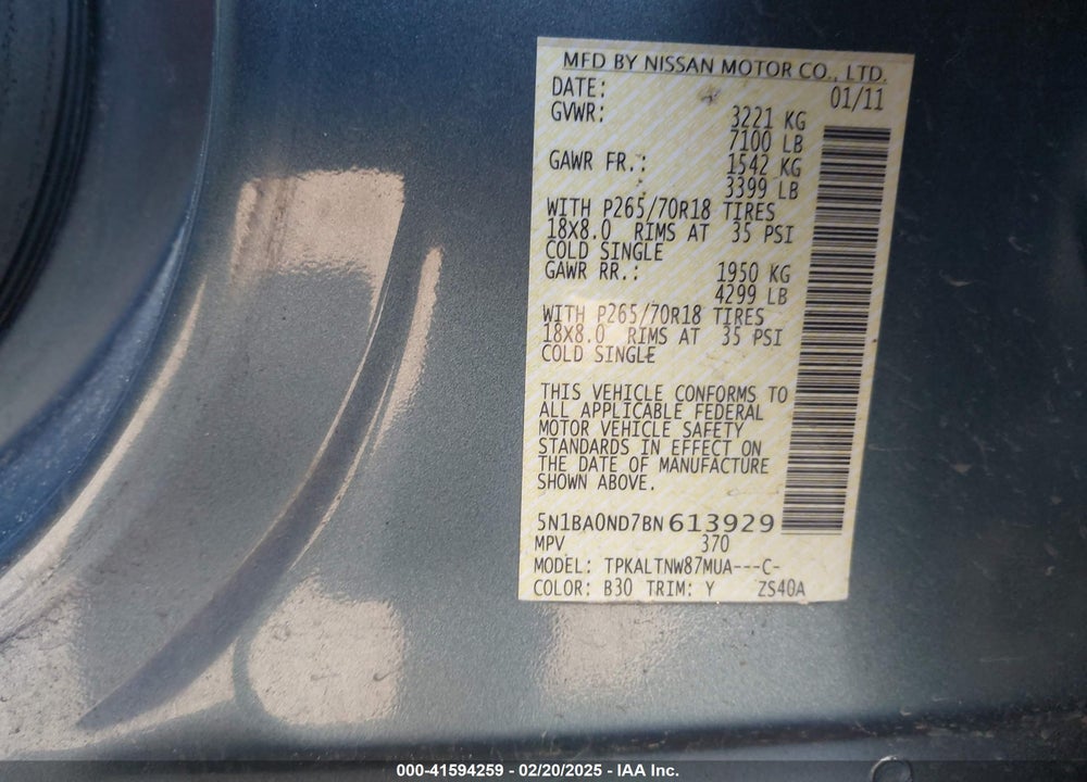 2011 NISSAN ARMADA SV VIN: 5N1BA0ND7BN613929