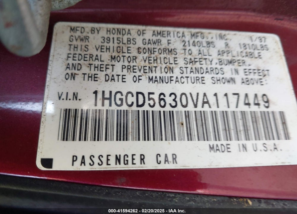 1997 HONDA ACCORD LX VIN: 1HGCD5630VA117449