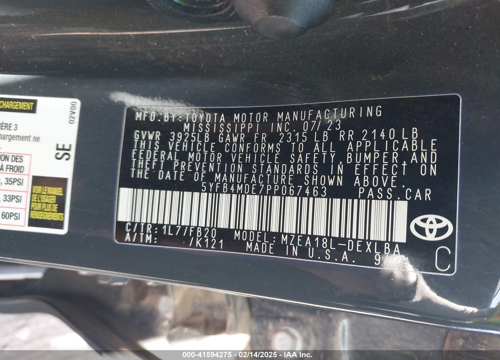 2023 TOYOTA COROLLA VIN: 5YFB4MDE7PP067463