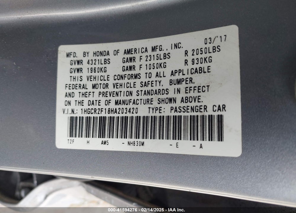 2017 HONDA ACCORD VIN: 1HGCR2F18HA203420