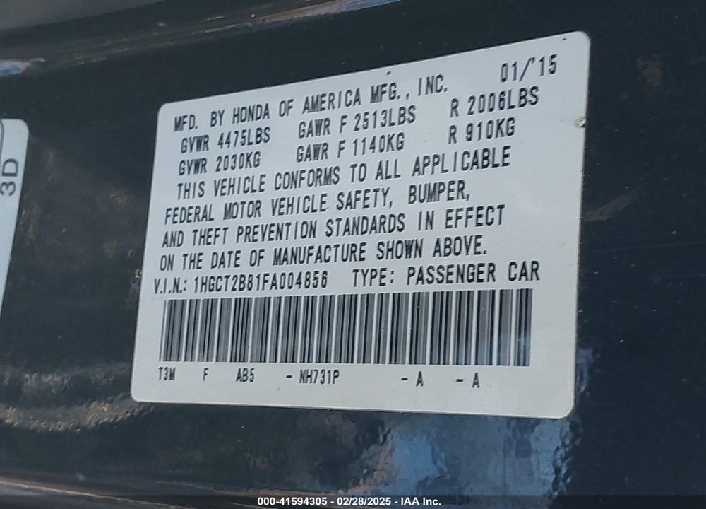 2015 HONDA ACCORD VIN: 1HGCT2B81FA004856