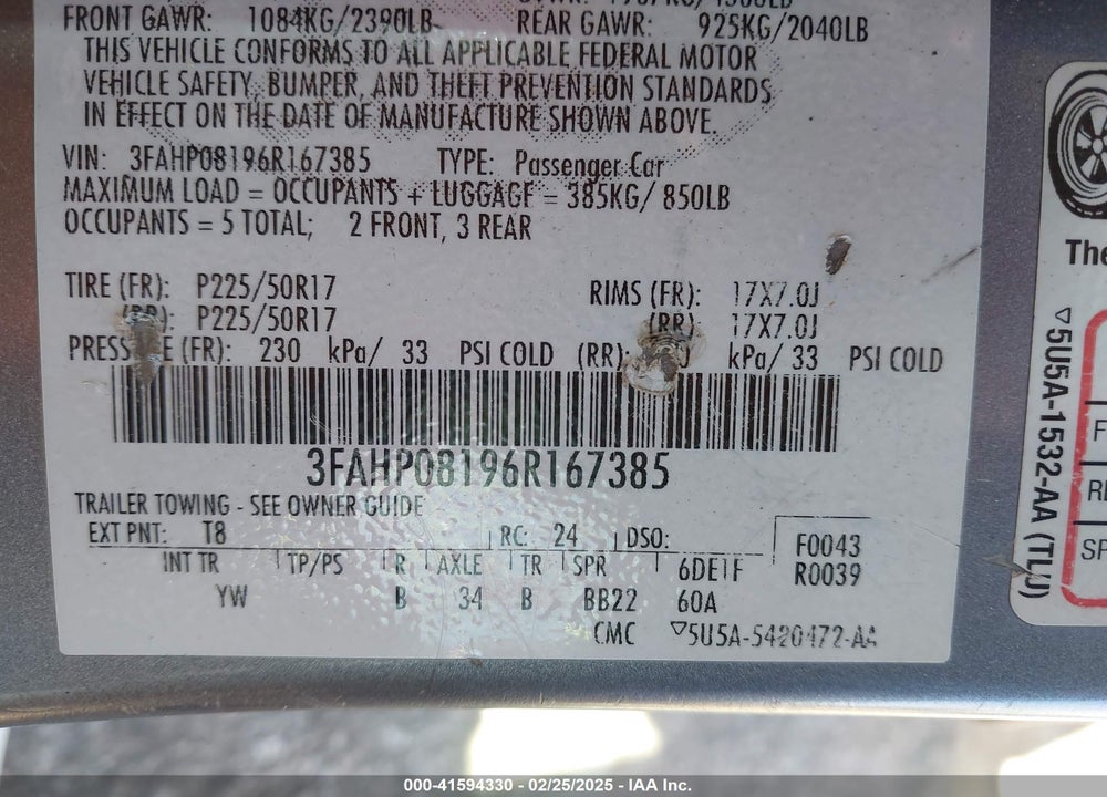 2006 FORD FUSION VIN: 3FAHP08196R167385