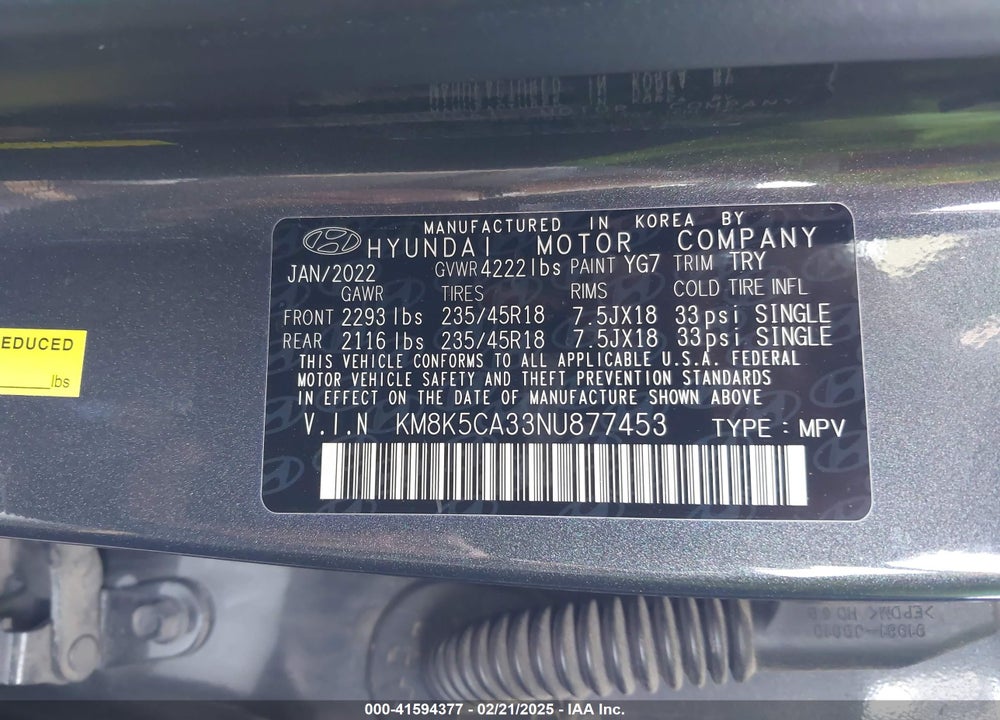 2022 HYUNDAI KONA LIMITED VIN: KM8K5CA33NU877453