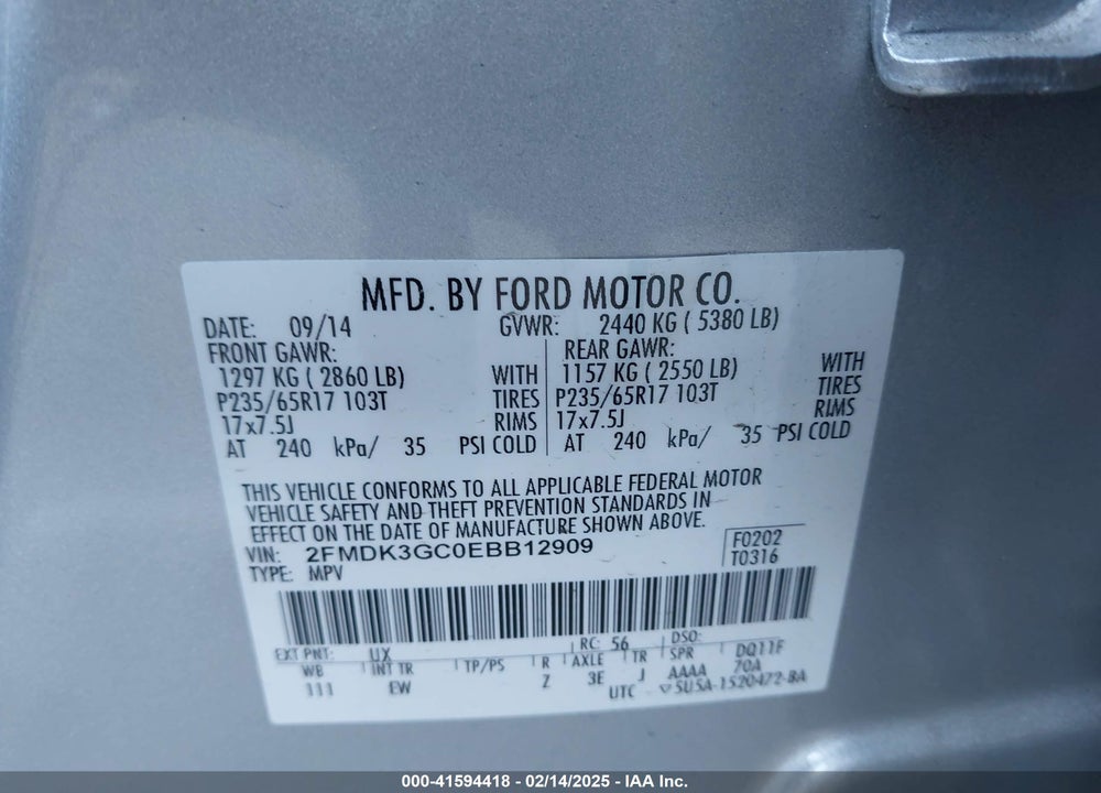 2014 FORD EDGE VIN: 2FMDK3GC0EBB12909