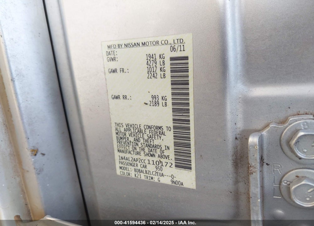 2012 NISSAN ALTIMA 2.5 S VIN: 1N4AL2AP2CC110172
