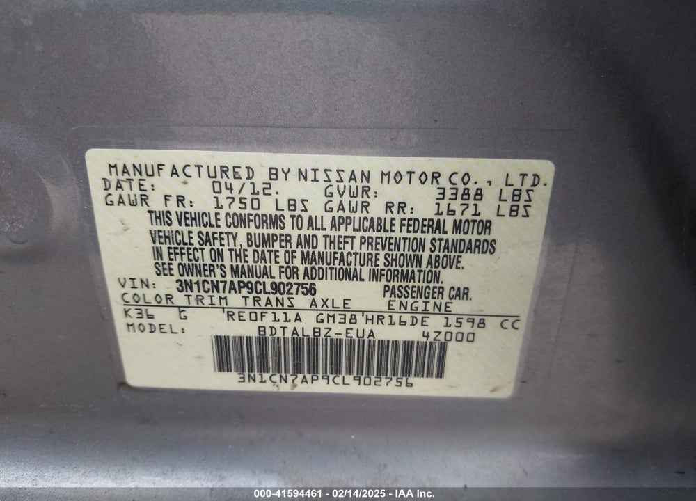 2012 NISSAN VERSA VIN: 3N1CN7AP9CL902756