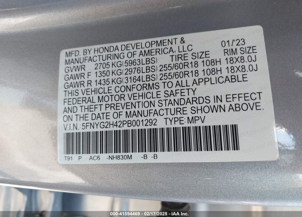2023 HONDA PILOT 2WD EX-L 8 PASSENGER VIN: 5FNYG2H42PB001292