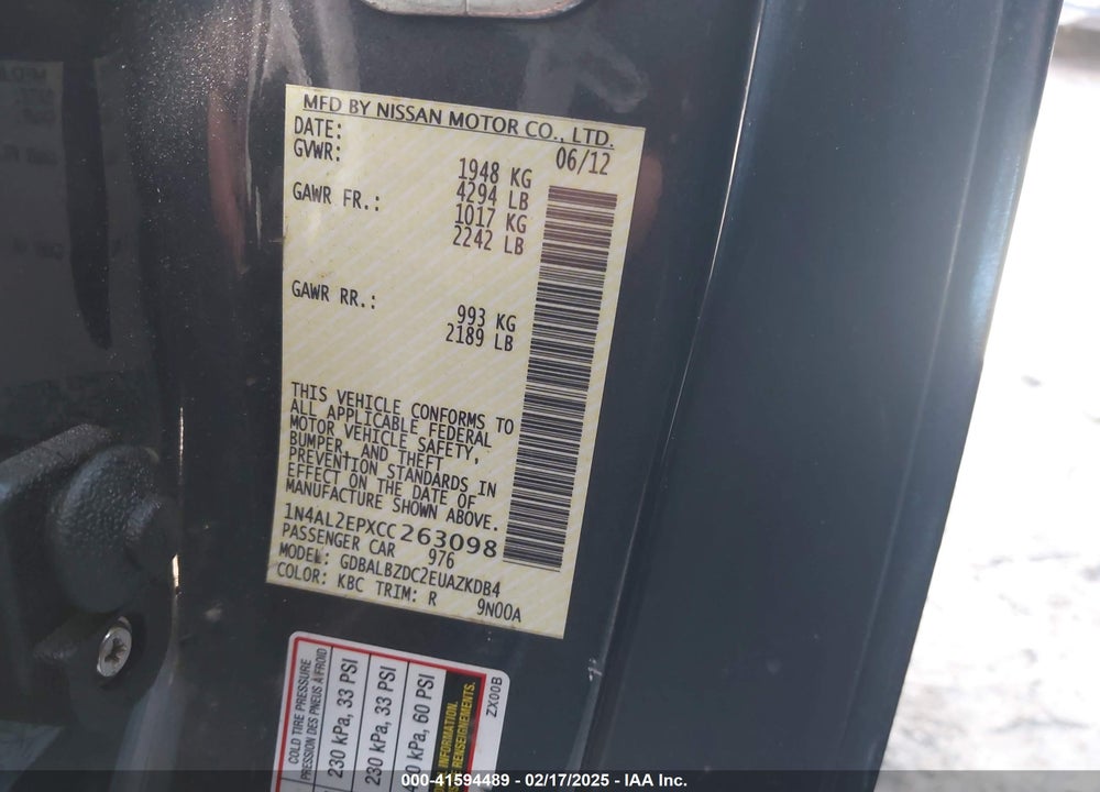 2012 NISSAN ALTIMA VIN: 1N4AL2EPXCC263098