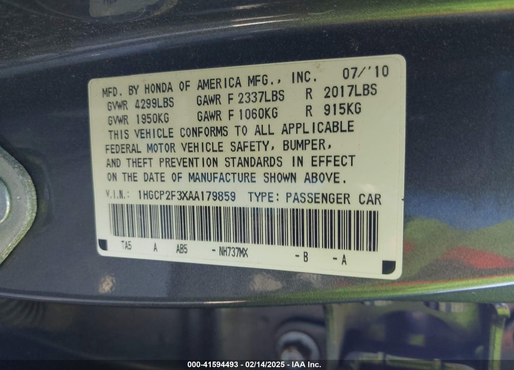 2010 HONDA ACCORD VIN: 1HGCP2F3XAA179859
