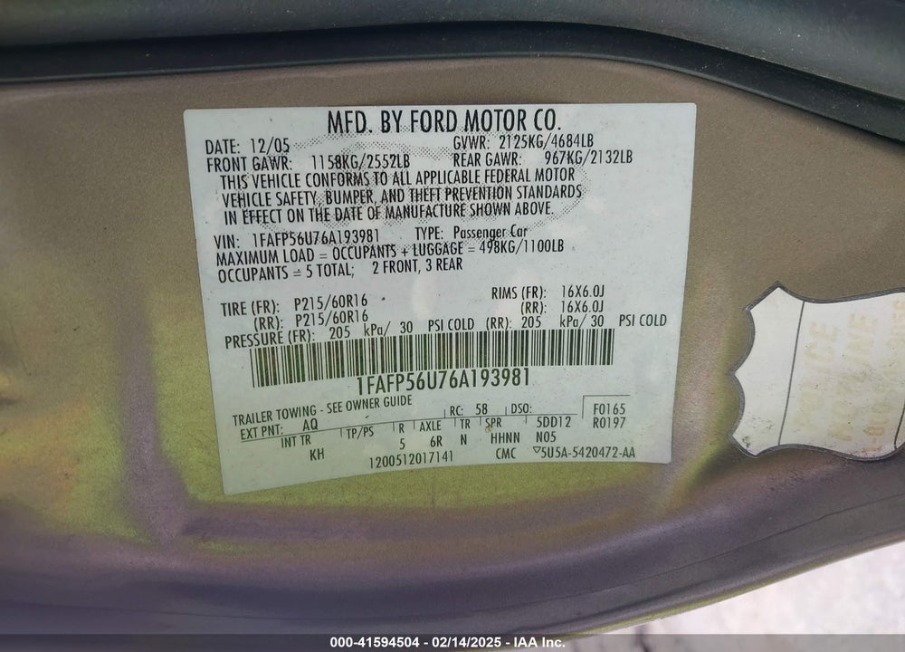 2006 FORD TAURUS SEL VIN: 1FAFP56U76A193981