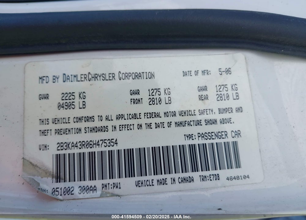 2006 DODGE CHARGER VIN: 2B3KA43R06H475354