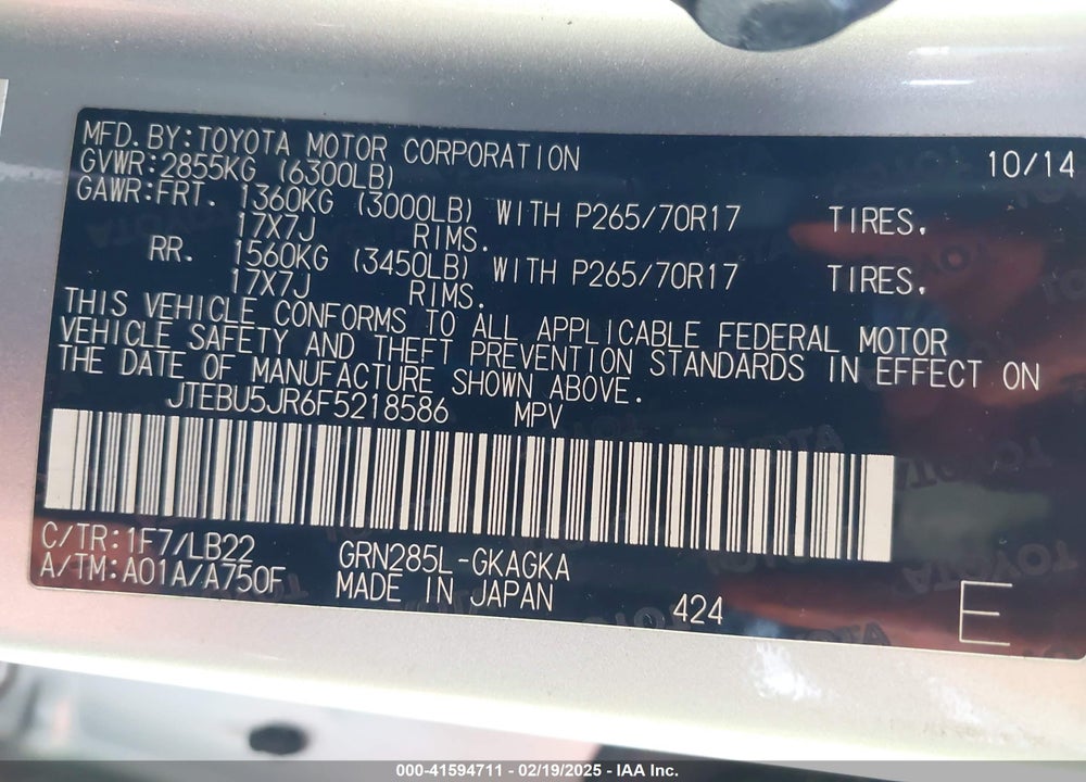 2015 TOYOTA 4RUNNER SR5 PREMIUM VIN: JTEBU5JR6F5218586