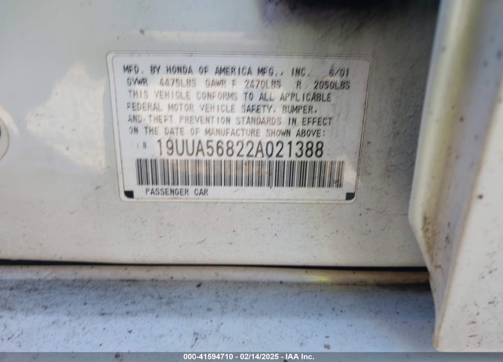 2002 ACURA TL 3.2 TYPE S VIN: 19UUA56822A021388