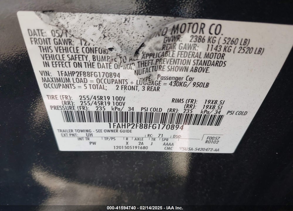 2015 FORD TAURUS VIN: 1FAHP2F88FG170894
