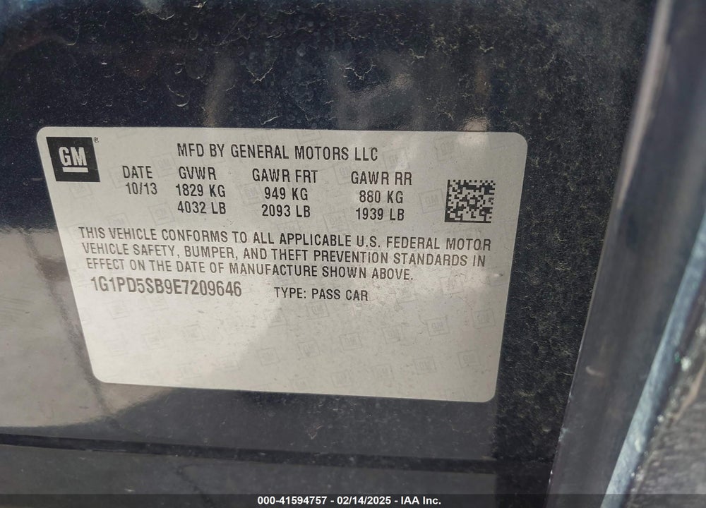 2014 CHEVROLET CRUZE VIN: 1G1PD5SB9E7209646