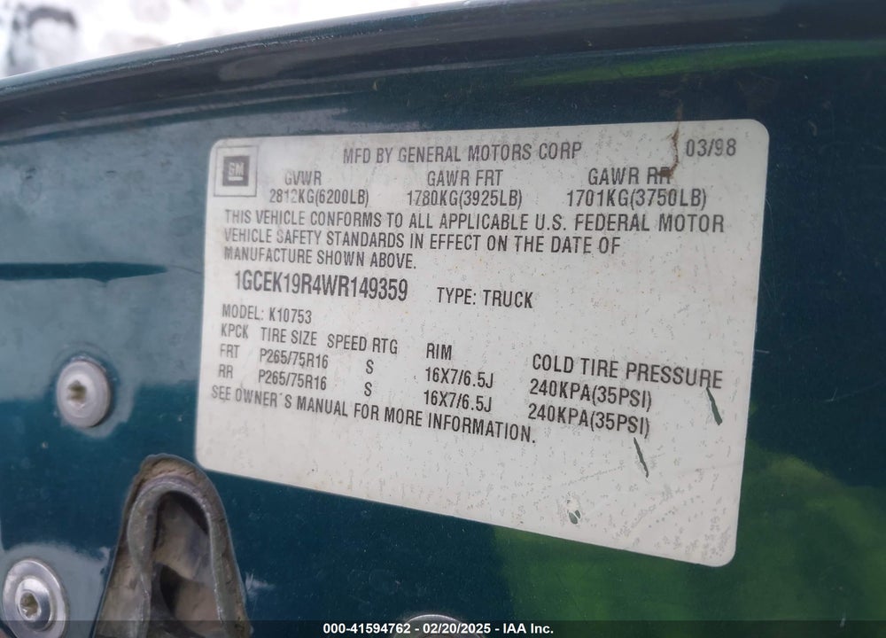 1998 CHEVROLET K1500 FLEETSIDE VIN: 1GCEK19R4WR149359