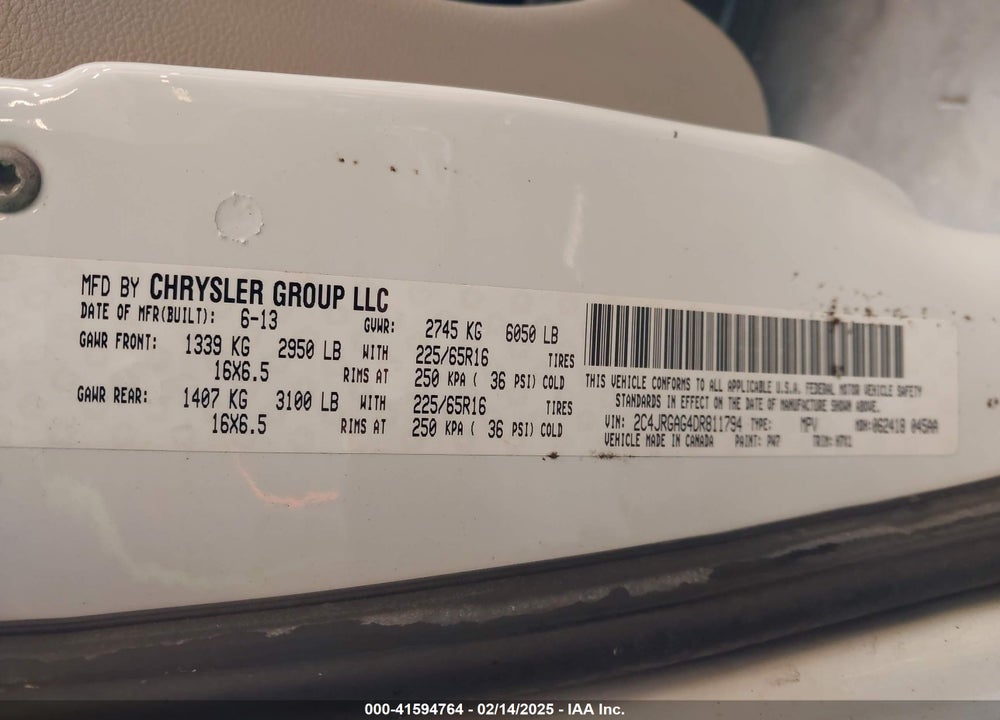 2013 RAM CARGO TRADESMAN VIN: 2C4JRGAG4DR811794