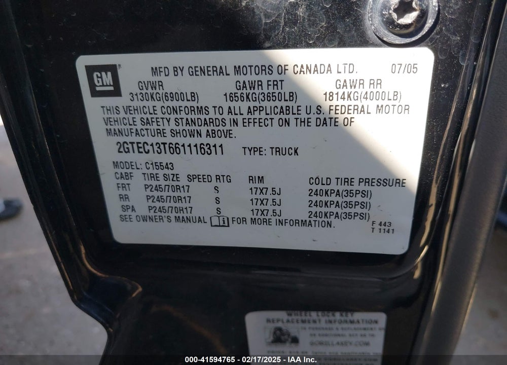 2006 GMC SIERRA 1500 VIN: 2GTEC13T661116311