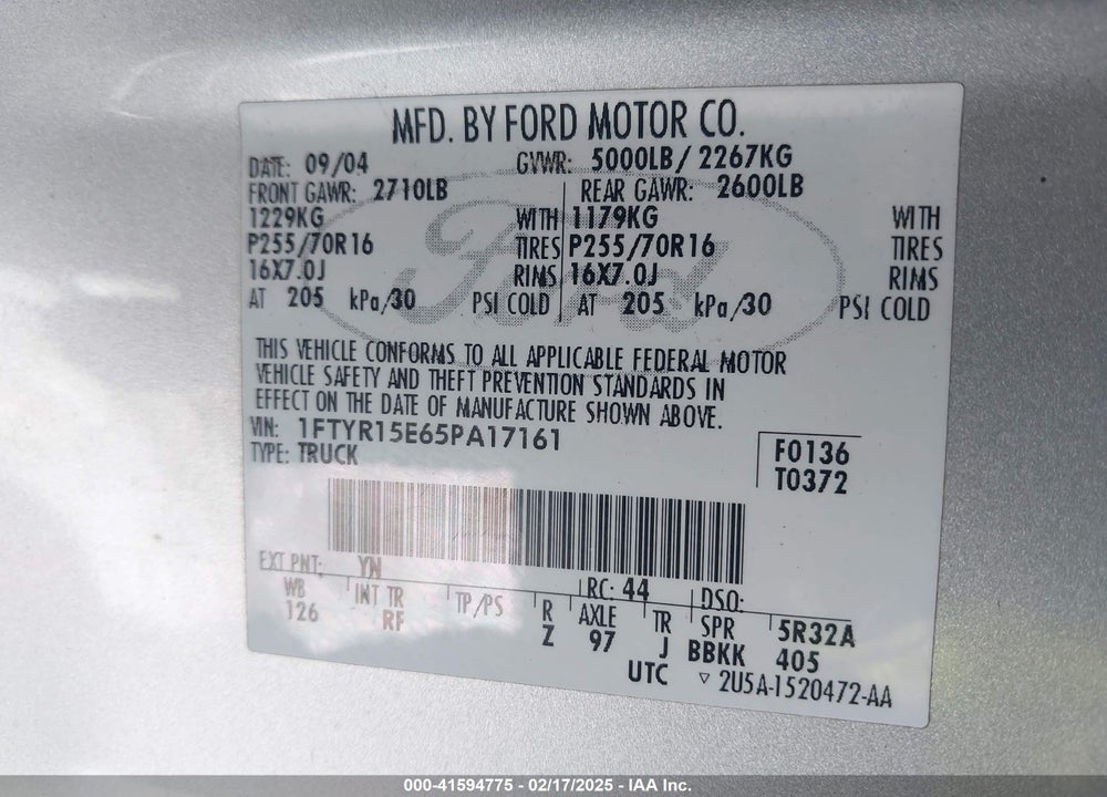 2005 FORD RANGER EDGE/XL/XLT VIN: 1FTYR15E65PA17161
