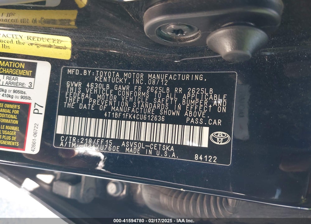 2012 TOYOTA CAMRY VIN: 4T1BF1FK4CU612636