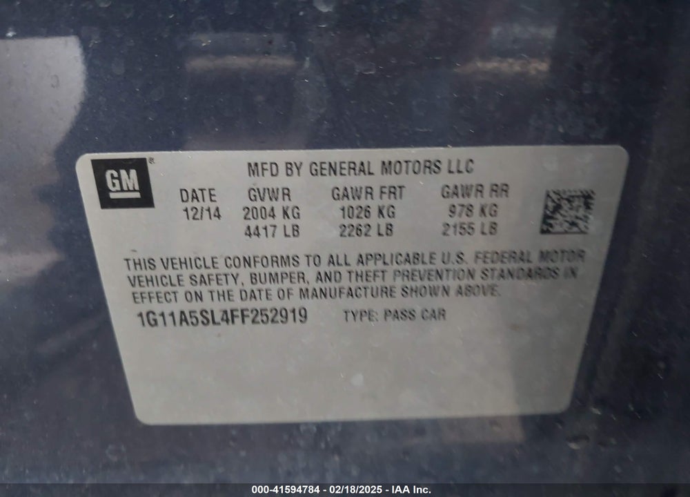 2015 CHEVROLET MALIBU 1FL VIN: 1G11A5SL4FF252919