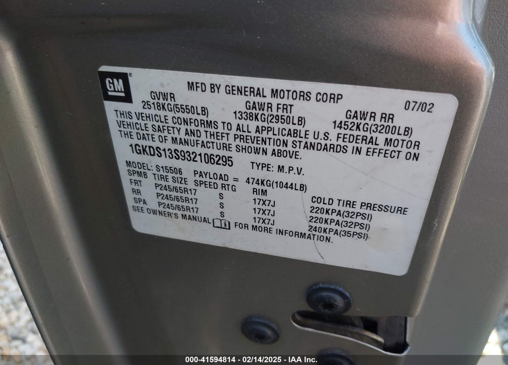 2003 GMC ENVOY SLE VIN: 1GKDS13S932106295