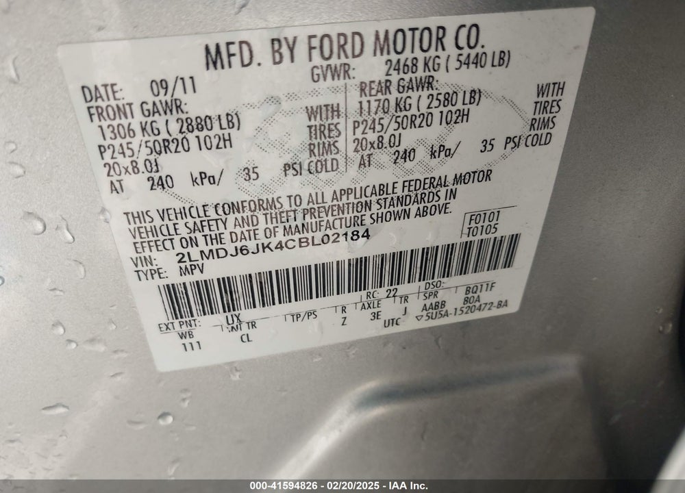 2012 LINCOLN MKX VIN: 2LMDJ6JK4CBL02184