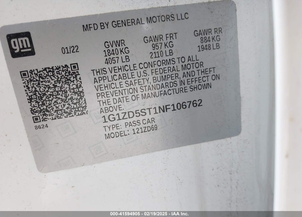 2022 CHEVROLET MALIBU VIN: 1G1ZD5ST1NF106762