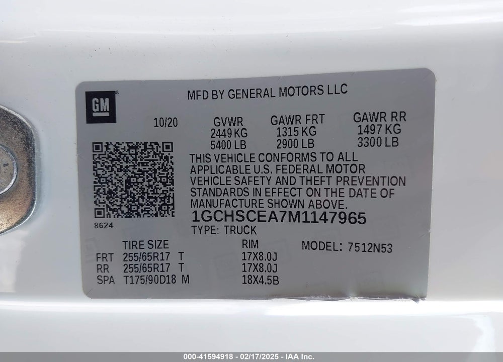 2021 CHEVROLET COLORADO VIN: 1GCHSCEA7M1147965