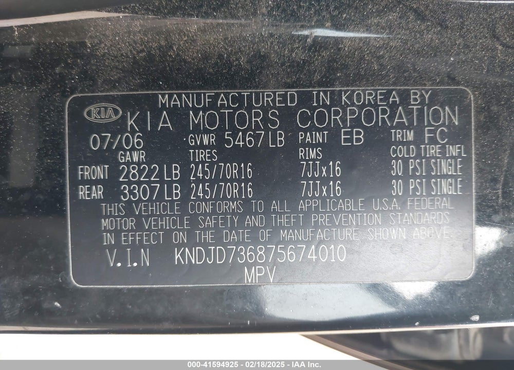 2007 KIA SORENTO VIN: KNDJD736875674010