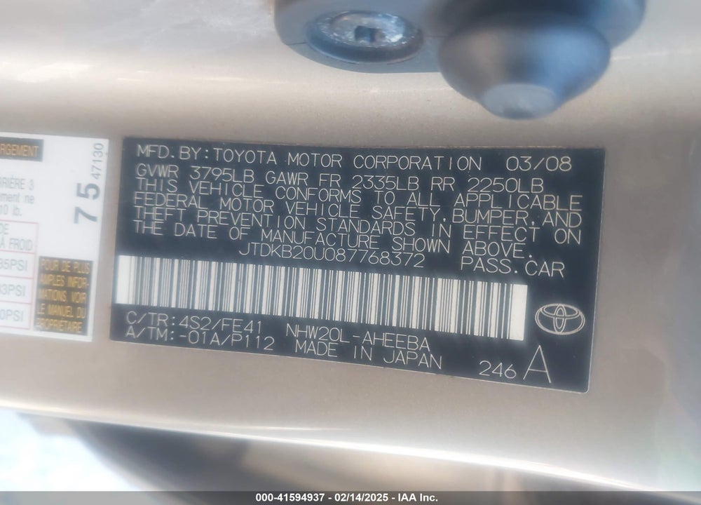 2008 TOYOTA PRIUS VIN: JTDKB20U087768372
