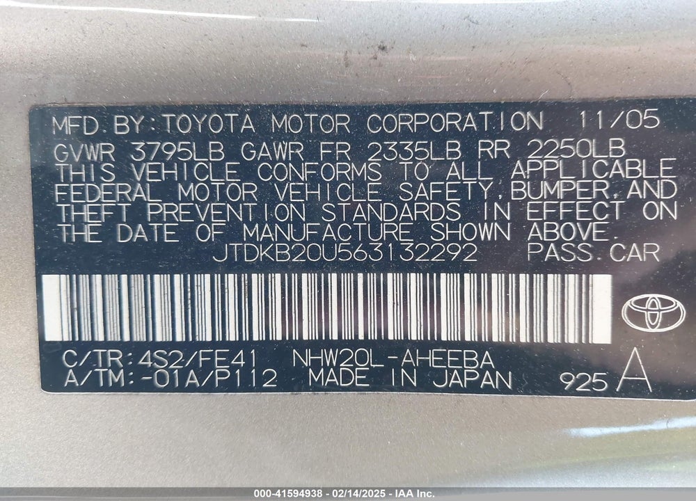 2006 TOYOTA PRIUS VIN: JTDKB20U563132292