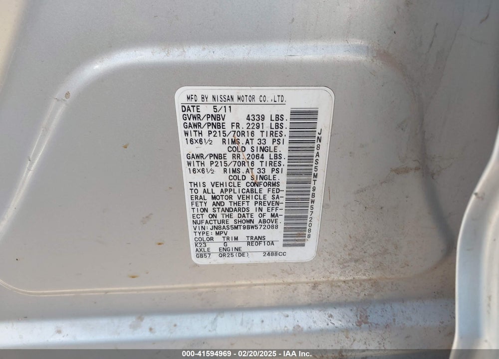 2011 NISSAN ROGUE S VIN: JN8AS5MT9BW572088