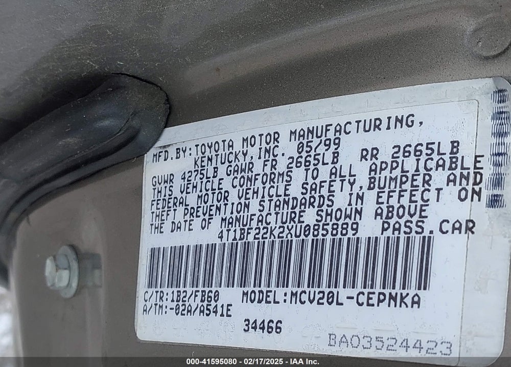 1999 TOYOTA CAMRY LE V6 VIN: 4T1BF22K2XU085889