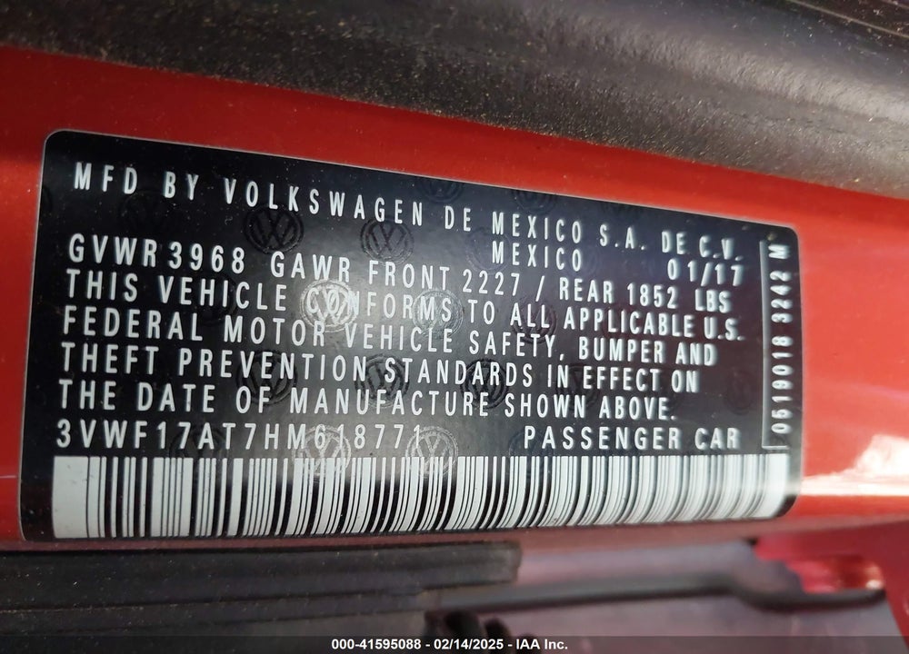 2017 VOLKSWAGEN BEETLE VIN: 3VWF17AT7HM618771