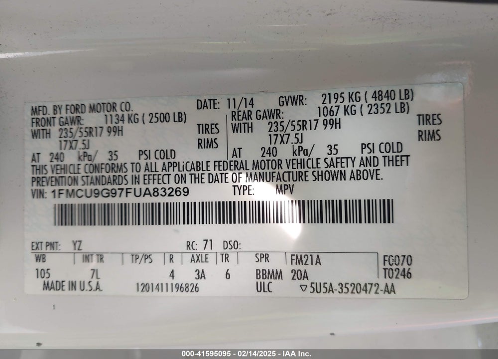 2015 FORD ESCAPE VIN: 1FMCU9G97FUA83269
