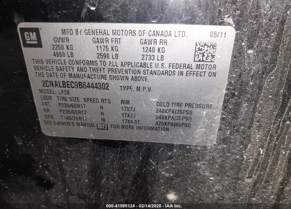 2011 CHEVROLET EQUINOX VIN: 2CNALBEC9B6444302