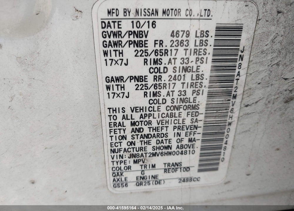 2017 NISSAN ROGUE SV VIN: JN8AT2MV6HW004810