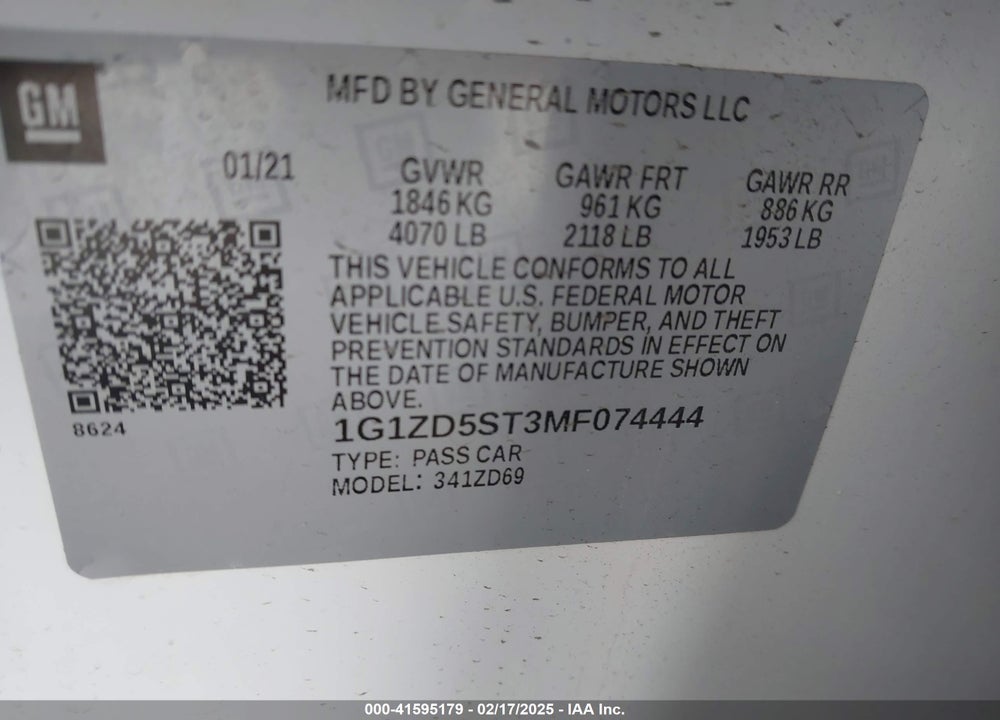 2021 CHEVROLET MALIBU FWD LT VIN: 1G1ZD5ST3MF074444