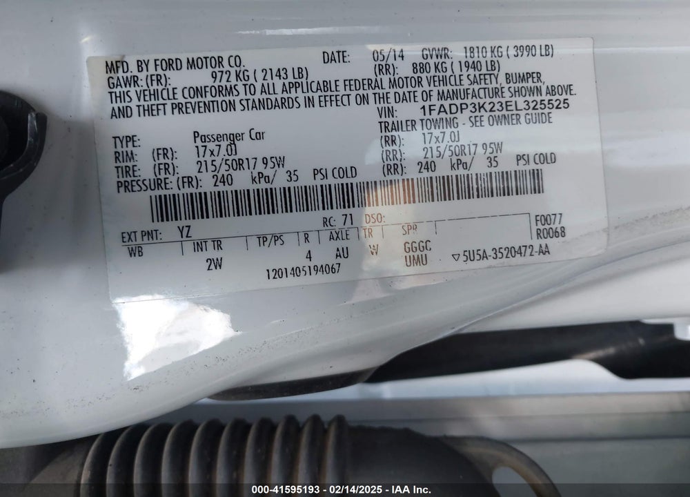 2014 FORD FOCUS VIN: 1FADP3K23EL325525
