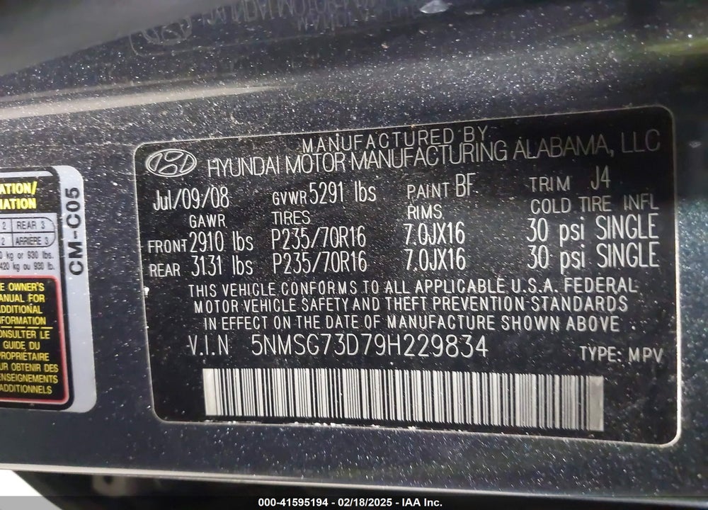 2009 HYUNDAI SANTA FE GLS VIN: 5NMSG73D79H229834