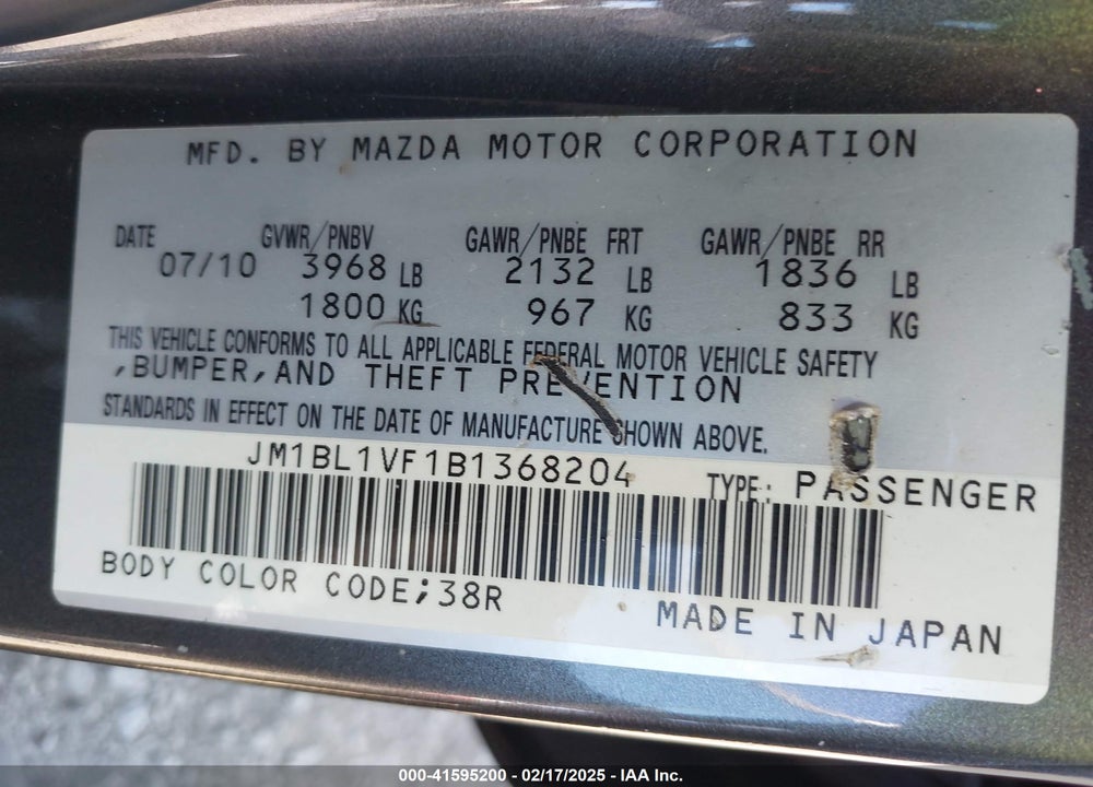 2011 MAZDA 3 I TOURING VIN: JM1BL1VF1B1368204