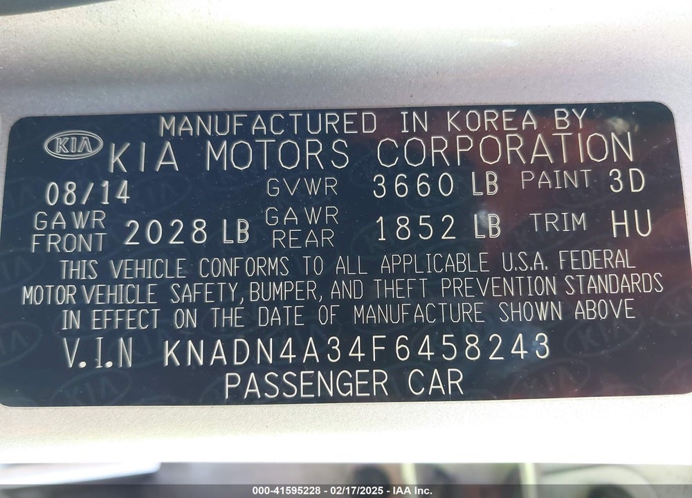 2015 KIA RIO VIN: KNADN4A34F6458243