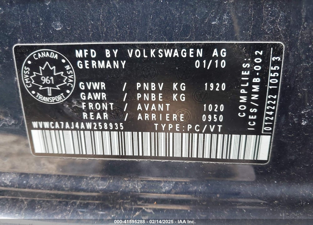 2010 VOLKSWAGEN GOLF 2.5L COMFORTLINE/2.5L HIGHLINE/2.5L TRENDLINE VIN: WVWCA7AJ4AW258935