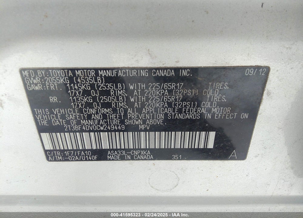 2012 TOYOTA RAV4 VIN: 2T3BF4DV0CW249449