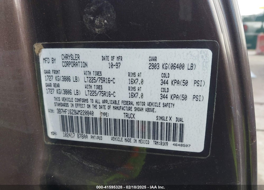 1998 DODGE RAM 1500 VIN: 3B7HF16Z9WM220840