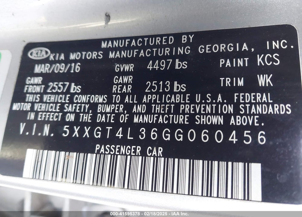 2016 KIA OPTIMA VIN: 5XXGT4L36GG060456